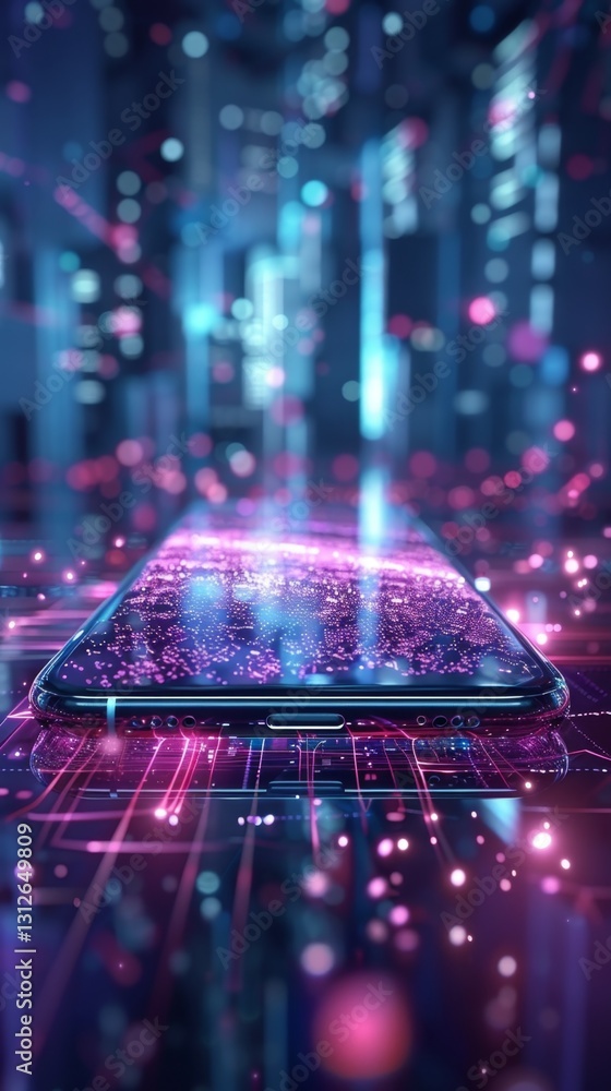 Poster close-up view of a smartphone displaying glowing patterns amidst a futuristic digital city environme