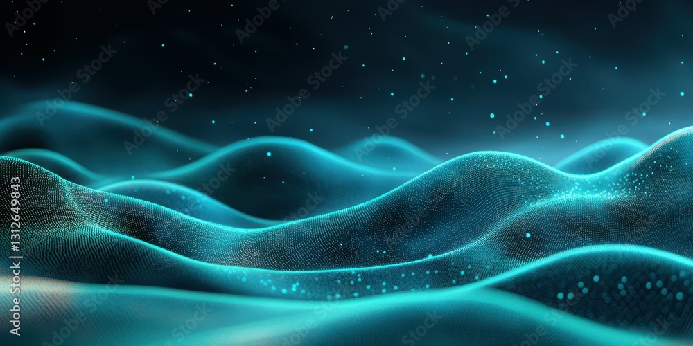 Poster digital landscape with flowing waves and shimmering particles in a dark atmosphere