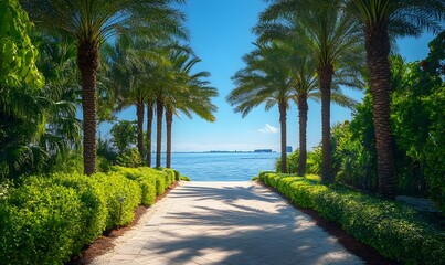 Obraz premium Tropical Pathway to Serene Ocean View with Palm Trees and Lush Greenery