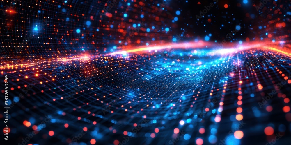 Poster bright digital landscape with glowing particles representing advanced technology and data visualizat