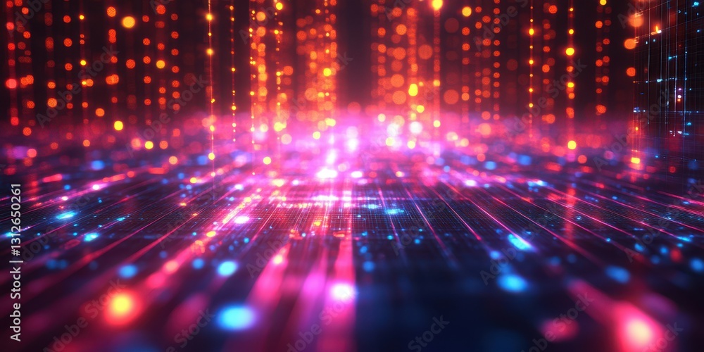 Poster colorful array of lights in a digital landscape at night creating a vibrant atmosphere of illuminati