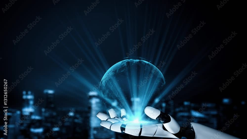 Poster futuristic robot artificial intelligence enlightening ai technology development and machine learning