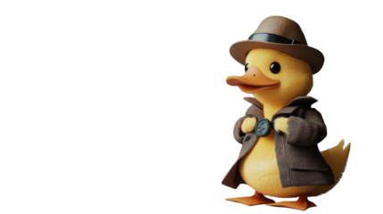 Duck detective wearing trench coat and fedora checking time on transparent background