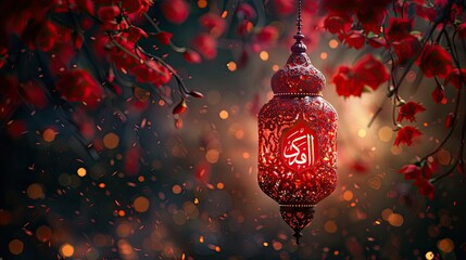 A beautifully illuminated lantern surrounded by red flowers, creating a warm, festive atmosphere.