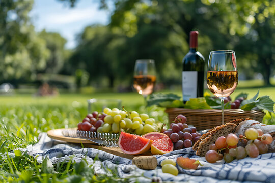 outdoor wine tasting, a picnic blanket on a green lawn, various wines for tasting, and joyful family and friends celebrating national wine day under a blue sky