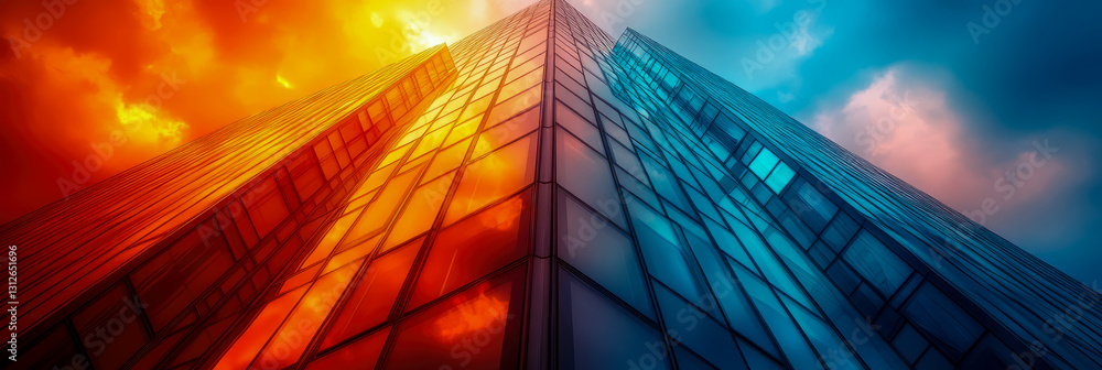 Poster chromatic ascendancy: towering structure with contrasting color sky