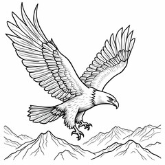 Hawk gliding high in the sky, line art illustration