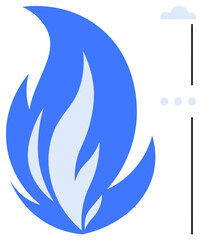 Flowing blue flame with smooth curves and lighter highlights paired with cloud and dotted line accents. Ideal for energy, creativity, transformation, speed, passion, power, growth. Flat simple