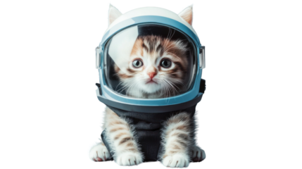 Kitten astronaut wearing space helmet on transparent background