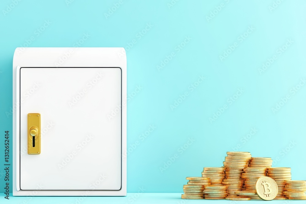 Poster safe deposit box with golden coins and blank area for text in soft blue background