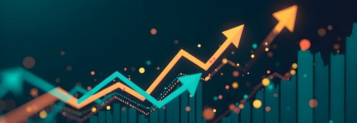 Business growth chart with rising arrow, glowing light effects and gradient financial infographic