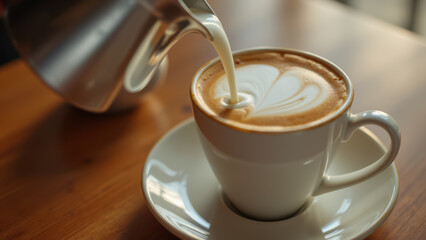 Milk pouring into a cup of coffee on a saucer.