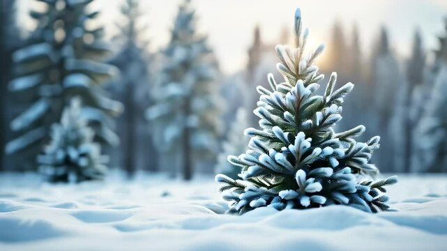 Snow-covered balsam fir tree in winter landscape with soft sunlight and blurred background