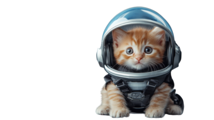 Ginger kitten wearing astronaut helmet and space suit on transparent background