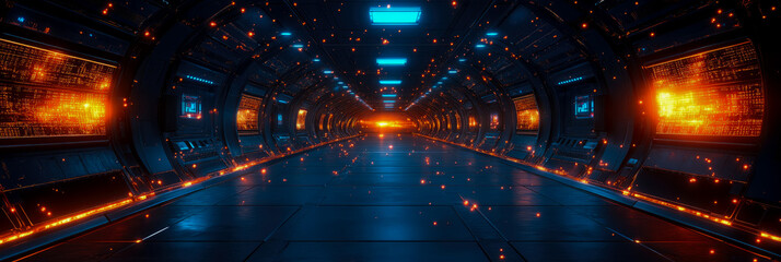 Sci-Fi Corridor: Futuristic spaceship tunnel with glowing lights and digital displays, for hi-tech industry and technology showcase