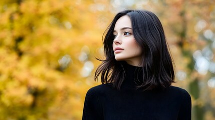 Fototapeta premium Portrait Of Young Woman In Black Sweater Against Golden Autumn Leaves