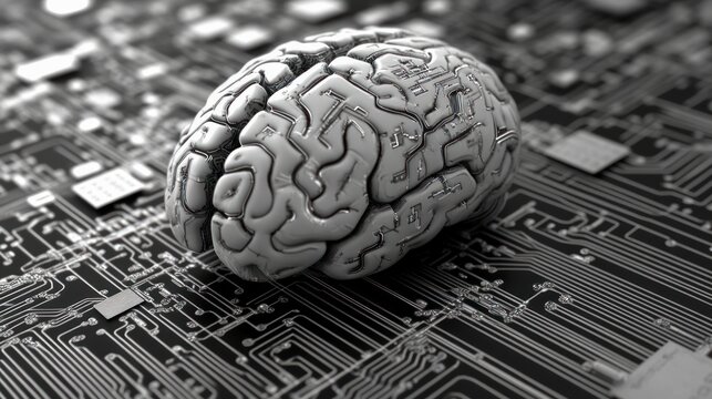 A metallic brain sits on a circuit board for data processing