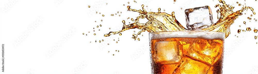 Poster refreshing sparkling soda with ice cubes splashing in a glass on a white background