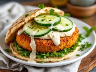 Delicious Mediterranean Chickpea Burger with Hummus and Cucumbers