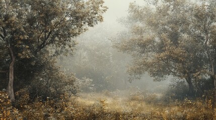 Naklejka premium Photorealistic forest with soft morning mist, peaceful and calm, high-resolution and artistic nature photography