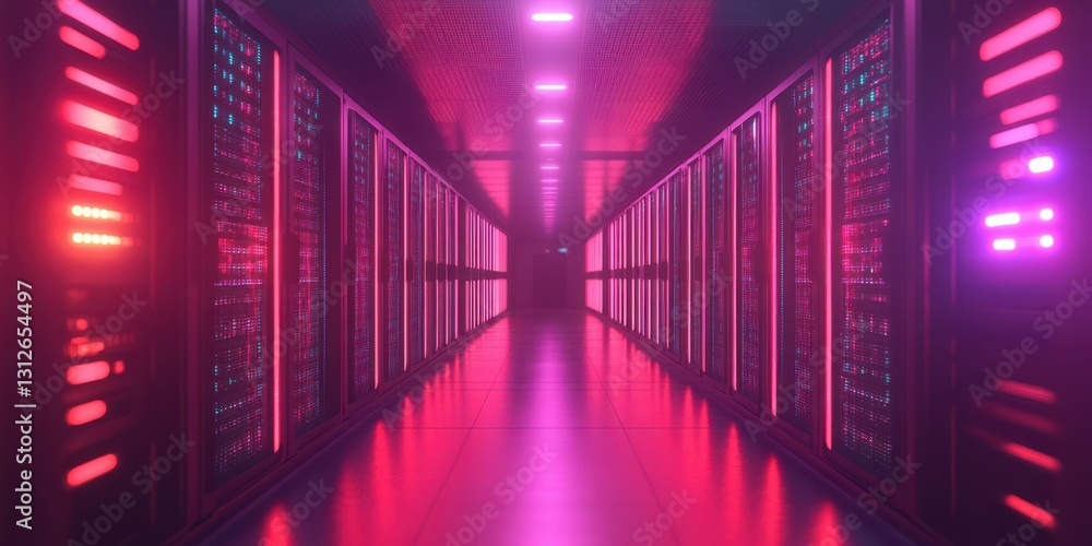 Poster neon-lit server room with rows of data servers and vibrant lights creating a futuristic atmosphere