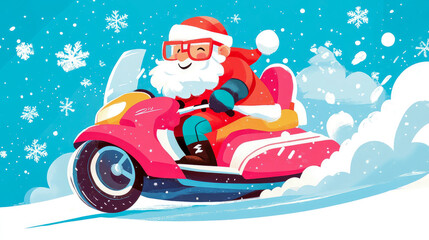Holiday: A spirited Santa Claus joyriding on a scooter through a snowy wonderland!