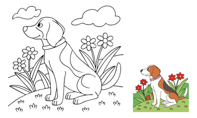 dog and flower, coloring page 