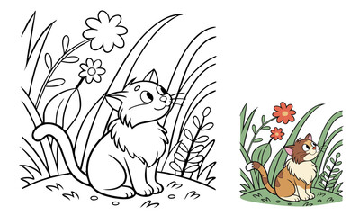cat and flowers, coloring page 