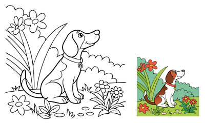 dog and flower, coloring page 