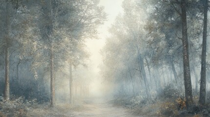 Fototapeta premium Photorealistic forest with soft morning mist, peaceful and calm, high-resolution and artistic nature photography