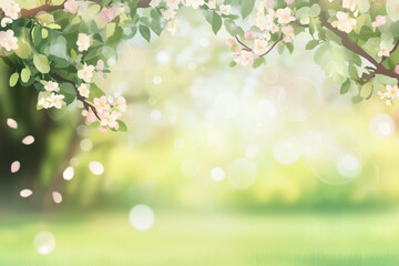 defocused bokeh background of apple garden with blossoming trees in sunny day, backdrop