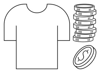 Blank T-shirt and stacked coins showcase retail income, fashion business, or cost analysis. Ideal for e-commerce, budgeting, trade, marketing, sustainability wealth economy themes. Flat simple
