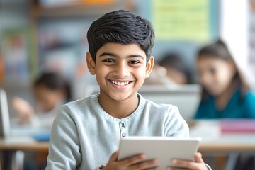 enthusiastic indian pupil embracing technology for academics in a school context  
