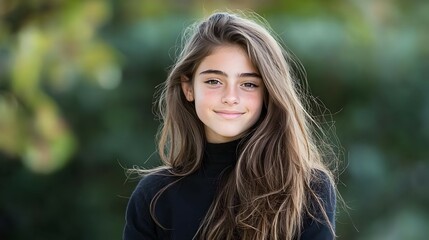 Naklejka premium Portrait Of A Teenage Girl With Long Brown Curly Hair Wearing A Black Sweater Outdoors