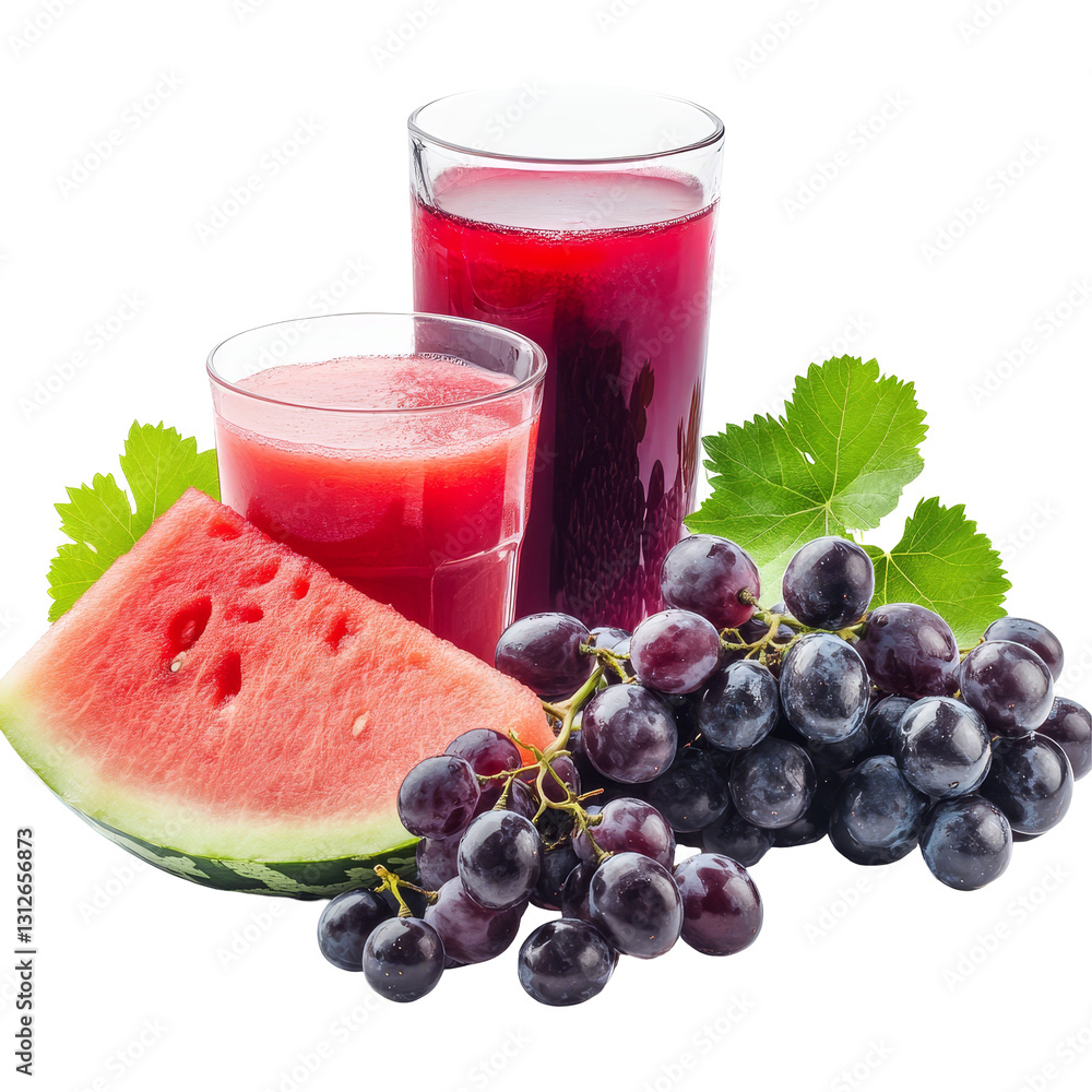 Poster refreshing watermelon and grape juices presented on a clean transparent background during a bright s