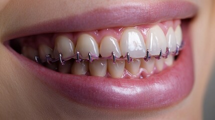 Fototapeta premium Close up of a woman's mouth with perfectly aligned teeth highlighting the benefits of orthodontic treatment