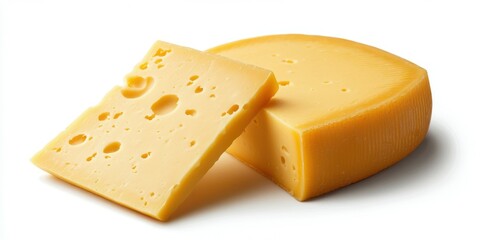 Freshly cut yellow cheese pieces on a white background showcasing texture and color under natural light