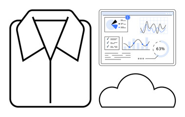 Shirt outline, cloud shape, data analytics dashboard with graphs, pie chart, percentages. Ideal for fashion, wardrobe, cloud storage analytics e-commerce inventory smart apps. Flat simple