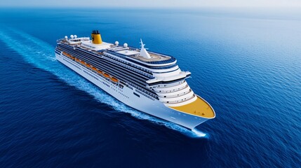 A large white cruise ship sails across a blue ocean
