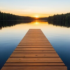 golden hour summer vibe, golden hour summer vibe embraces the essence of carefree summer moments, Serene lakeside sunset viewed from a wooden dock.