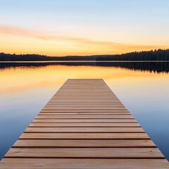 Obraz premium golden hour summer vibe, golden hour summer vibe embraces the essence of carefree summer moments, Tranquil lake at sunset with a wooden dock extending over the water.