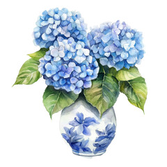 Elegant watercolor hydrangea bouquet in a decorative vase with vibrant blue flowers and lush green leaves, hydrangea flowers with vase isolated on transparent background. hydrangea flower transparent