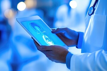 Doctor reviewing medical scan on tablet,  modern healthcare technology.