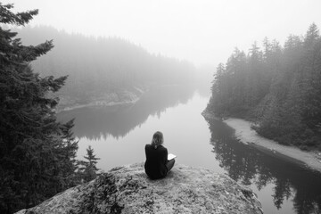 Woman sits on a rock overlooking a foggy lake surrounded by coniferous trees, enjoying serene nature.