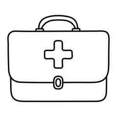 First aid kit vector illustration. Medical emergency bag, healthcare cross symbol in doodle style. Black line art isolated on white background.