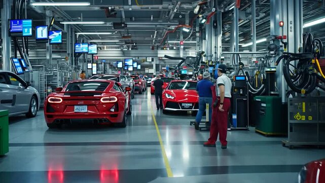 High-tech automotive manufacturing facility with workers assembling luxury cars in a busy environment
