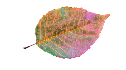 Green leaf showing computer circuitry on transparent background