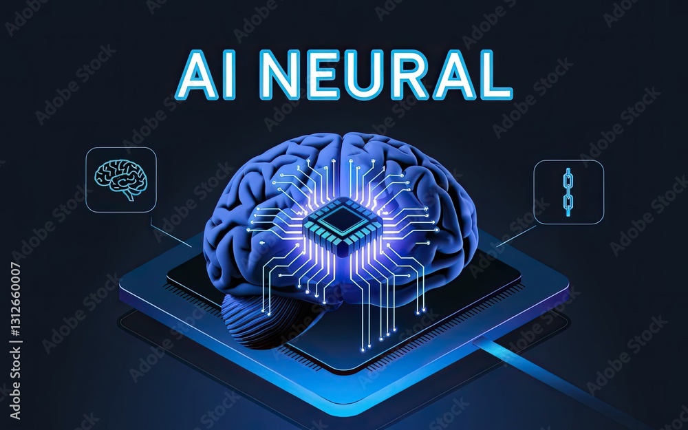 Poster digital brain: representing the core of artificial intelligence with a digital brain and the words 