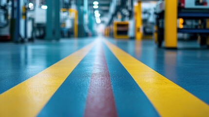 Anti-slip floor markings for safety, bright yellow lines inside modern production plant