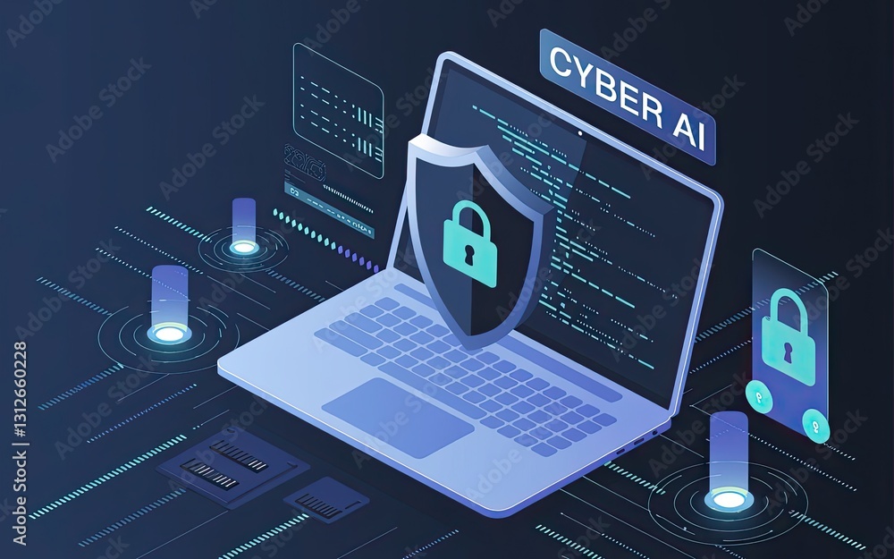 Poster cyber ai security illustration: a stylized illustration showcasing cyber security, with a laptop at 